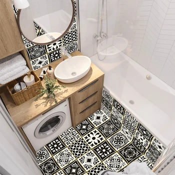 

Black & Beige Pattern Crystal Hard Floor Tile Wall Sticker Kitchen Bathroom Home Decor Wall Decals Waterproof Ground Art Mural