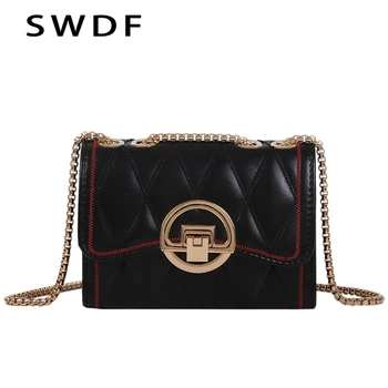 

SWDF 2020 New Woman's Bag Small Square Bag High Quality Lock Chain Single Shoulder Slung PU Sewing Thread Rhombic Bag For Women