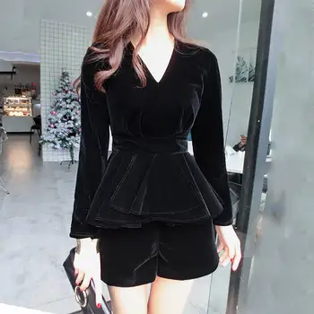 

Elegant VeletTwo Piece Sets Women Summer V-Neck Long Sleeve Tops+Shorts Female Office Suits Set Women's Costumes