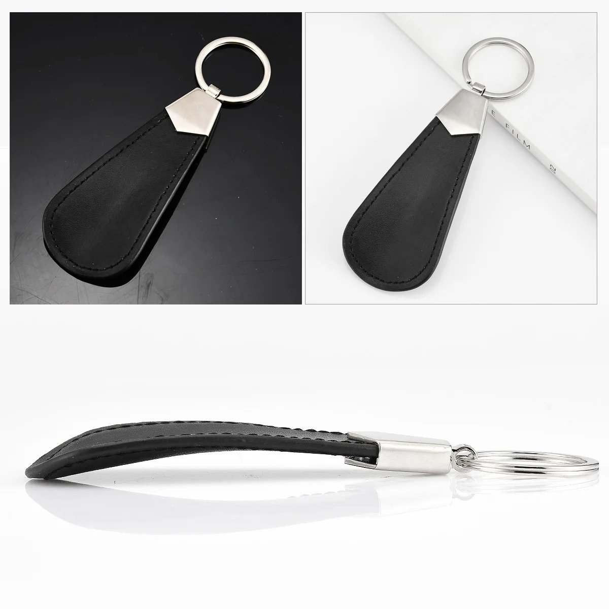 Portable Stainless Steel Shoe Horn Foldable PU Leather Handle With Keychain For Home