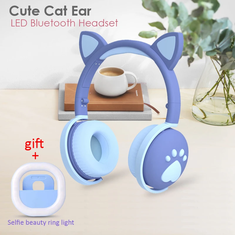 Cute Cat Ear Paw Headset Selfie Ring Light Glowing Wireless Bluetooth 5 0 Headphones Daughters Girls Gift Earphone with Mic
