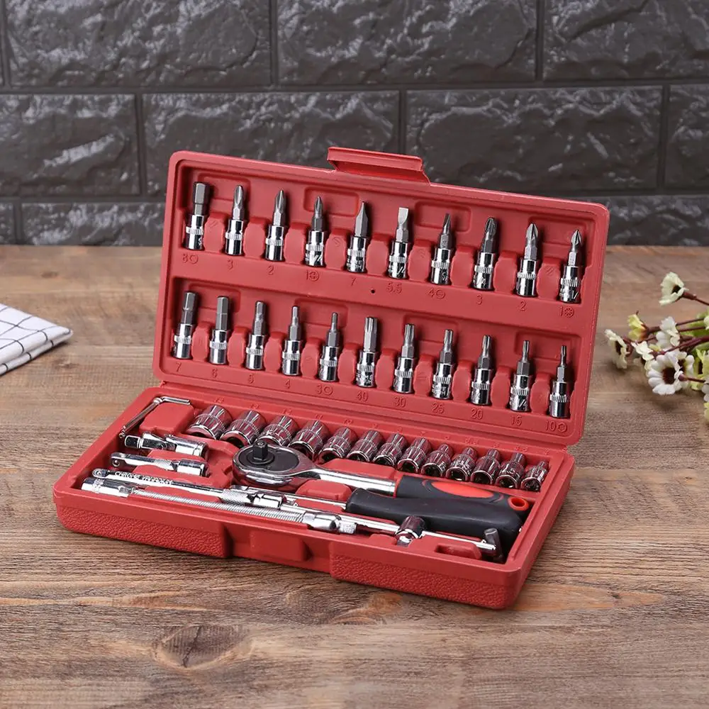 46pcs Red 46 шт. набор инструментов для ремонта автомобиля и мотоцикла 1/" Набор отверток с трещоткой, набор гаечных ключей, Набор торцевых головок для домашнего механика, инструменты для самостоятельной сборки - Цвет: 46pcs Red