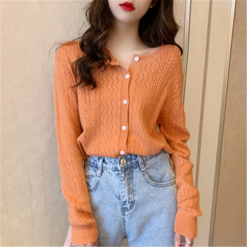 

2023 Woman Short cardigan Knitted Sweater Autumn Winter Long Sleeve Round Neck Jumper Casual Fashion Loose Hollow Sweater Coat