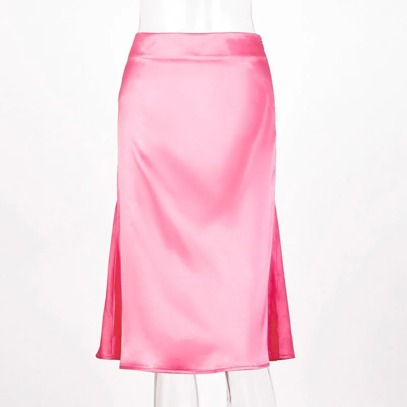 Модные неоновые юбки с высокой талией, Женские глянцевые юбки трапециевидной формы до колена, весенне-осенняя женская уличная одежда розового цвета G1043