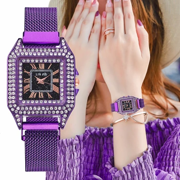 

Women Magnet Buckle Square Rhinestone Watch Luxury Ladies Stainless Steel Mesh Belt Quartz Watches Clock Relogio Feminino