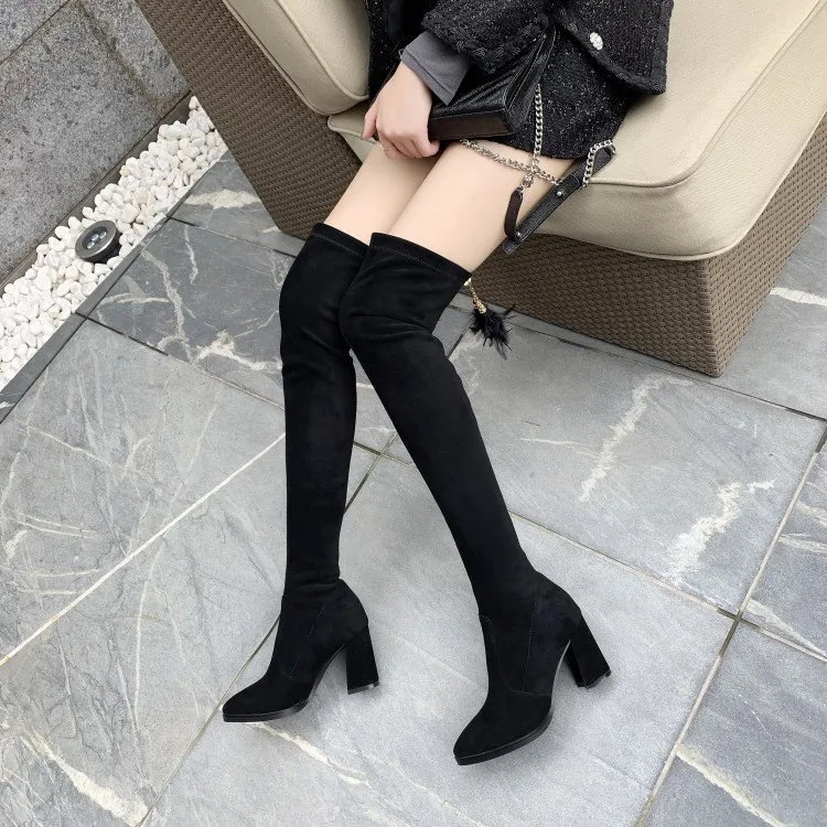 

High boots, knee-high boots, thick heels, Qiuxin pointed boots, women's elastic boots