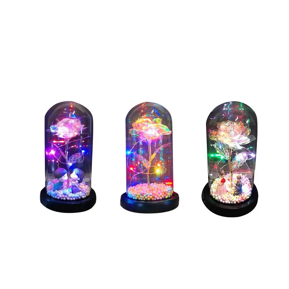 

Beauty And The Beast Gold Foil Led Rose Flower Light With Transparent Glass Lampshade Realistic Red Rose Valentine's Day Gift