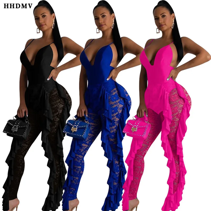 HHDMV GYD18113 sexy high street style jumpsuits sleeveless cross condole belt lace ruffles hollow out jumpsuits long pants