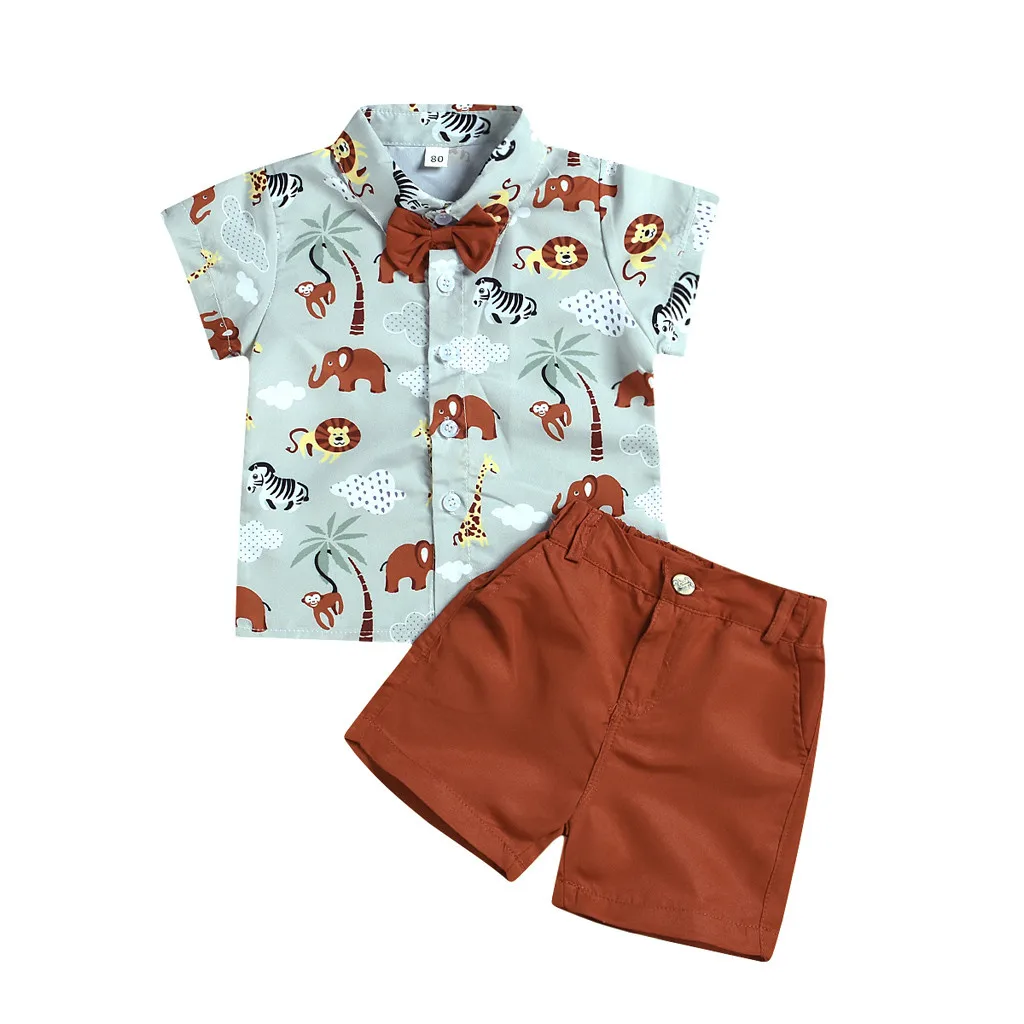 Дети комплект одежды для маленьких мальчиков короткий рукав мультфильм животных рубашки топы с принтом, шорты, штаны, брюки, комплект из 2-х предметов детская одежда