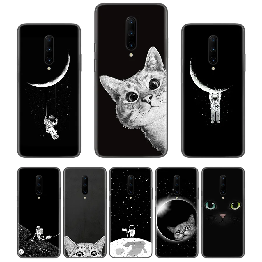 

Space Moon Cute Cats Black Coque Phone Case For Oneplus 1+7 Pro 6 6T 5 5T 3 3T 7Pro Art Gift Pattern Customized Cover Fashion