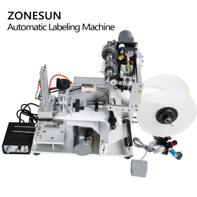 ZONESUN LT-60D półautomatyczne pneumatyczne maszyna do etykietowania etykietowania naklejki maszyna dyspenser etykiet butelka narkotyków z drukarka daty