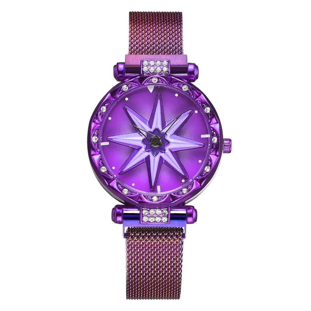 Роскошные женские часы со звездным циферблатом и геометрическим циферблатом, модные, вращающиеся, с магнитной пряжкой, женские деловые наручные часы Reloj Mujer - Цвет: Фиолетовый