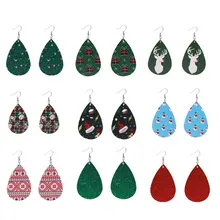 Рождественские серьги в форме капли, рождественские кожаные серьги, модные кожаные серьги, женские серьги, квадратные серьги из ткани