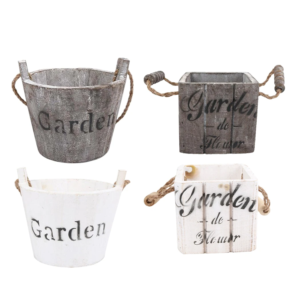 Rustic Wooden Succulent Pots Planters Flowers Buckets Wood Barrel Planter Garden Patio Outdoor Landscape Flower Pot Holder