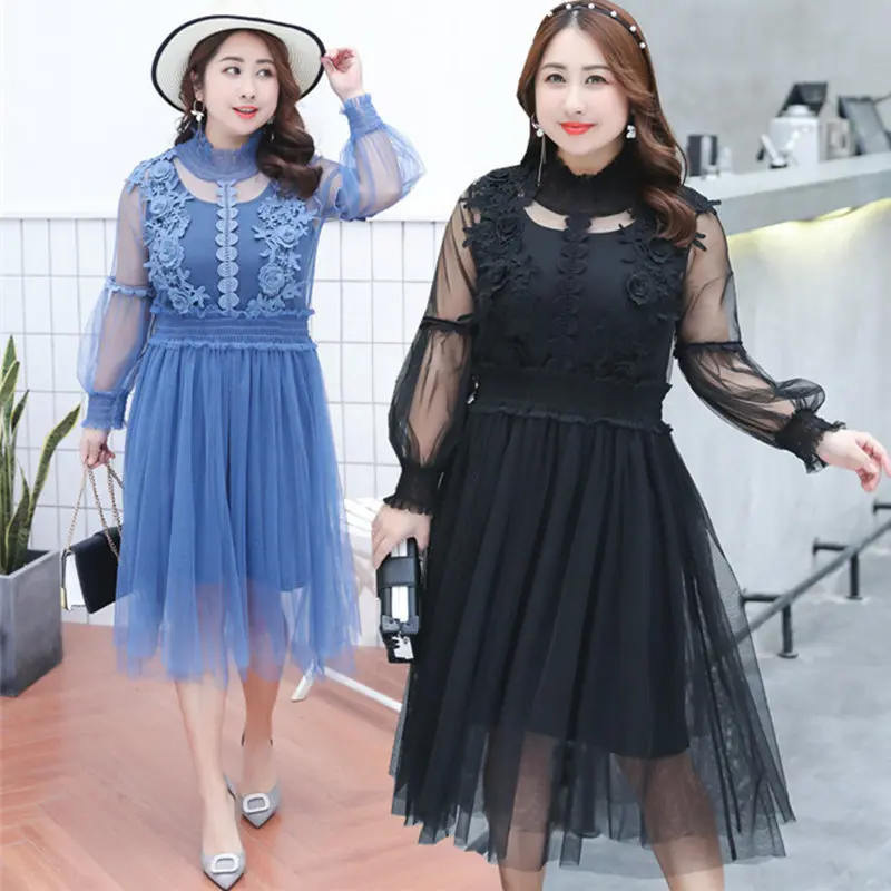 

Summer Fat MM Plus Size XL-4XL Women Solid Color Stand Collar Was Thin Two Pieces Cover Belly Femme Sweet Loose Dress MZ2702