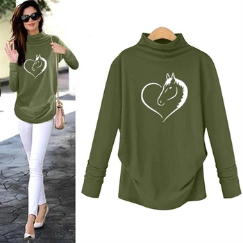 

2019 Fashion Long Sleeved Collar Shirt Horse Letters Print T-Shirt For Women TShirt Women Tops Harajuku Female T-shirt Big Size