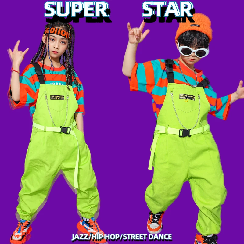 

Kids Hip Hop Clothing Fluorescent Green Overalls Plaid Top For Girls Boys Jazz Dance Costume Ballroom Dancing Clothes XS1788
