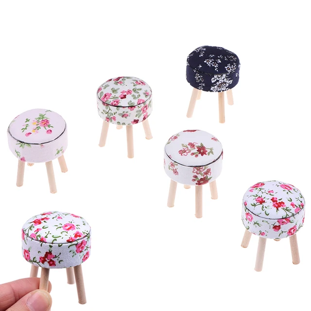 1/12 Scale Dollhouse Miniature Wooden Table Furniture Round Floral Stool Chair  for Dolls House Decor Kids Pretend Play Toy 6