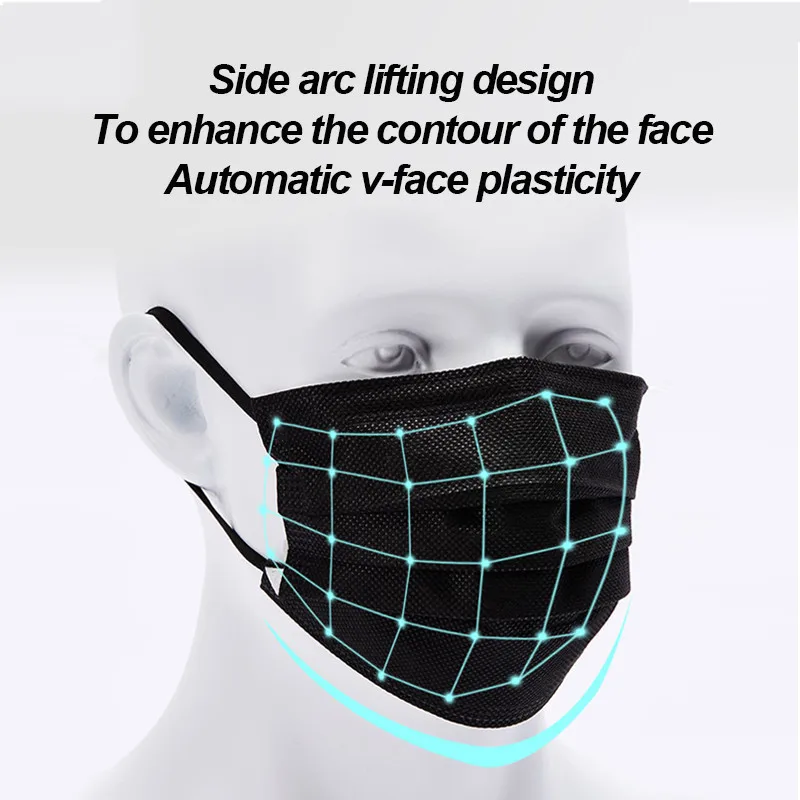 .10-50pcs Black Disposable Mouth Face Mask Non Woven 3 Layers Meltblown Filter Anti Dust Safe Breathable Earloops Adult Masks 2