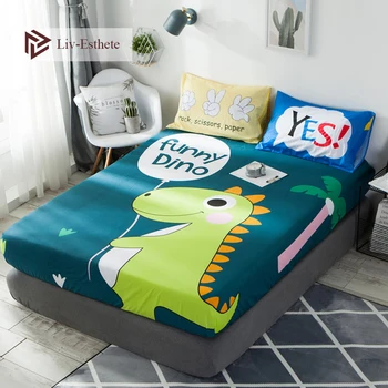 

Liv-Esthete Cartoon Funny Dino 100% Cotton Fitted Sheet Dinosaur Mattress Cover Bed Linen Bed Sheet On Elastic Band For Adult