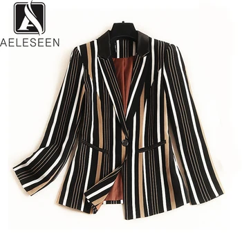 

AELESEEN Office Lady Striped Jacket 2019 Autumn New Colorful Stripe Single Button Contrast Color European Caual Women Suit Tops