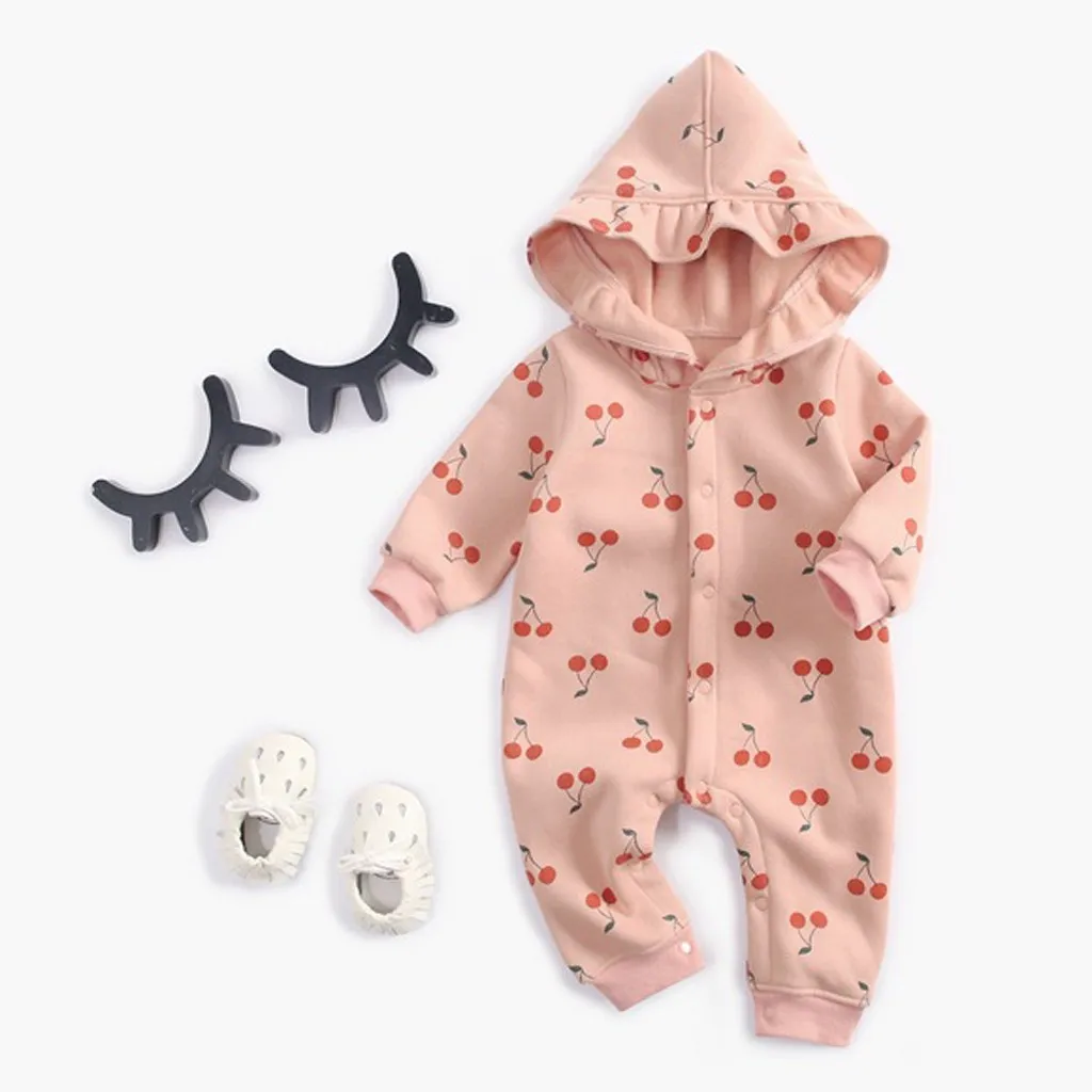 Newborn Toddler Baby Girls Printing Hooded Romper Jumpsuit Thickened Outfits Single-breasted Newborn Baby Boys Baby Romper