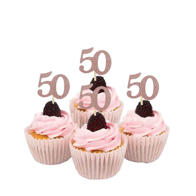 10Pcs Rose Gold 30th 40th 50th 60th Birthday Cupcake Toppers For