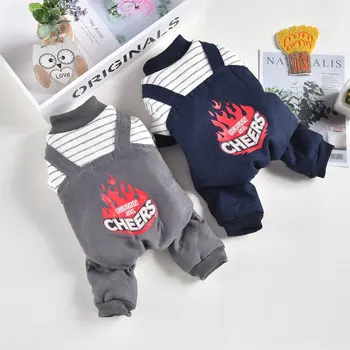 

Autumn and Winter Brushed and Thick Warm Four Legs Dog Clothes Pet Striped Flame Printing Dog Overall Ropa Perros Dog Supplies