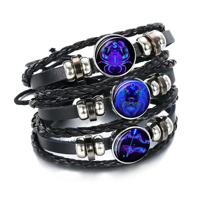 

IFMIA 2020 Charms 12 Constellation Zodiac Sign Black Braided Leather Bracelet Woven Glass Jewelry Gifts Punk Men Bracelets Party