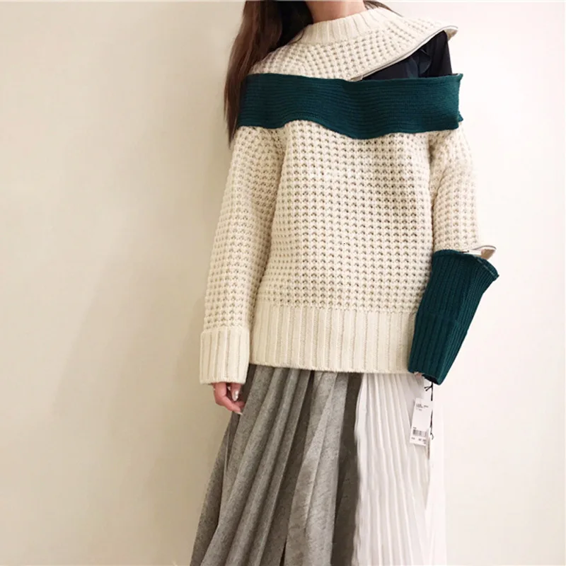 Autumn And Winter New Products Fashion Round Collar Collar Off-Shoulder Zipper Long Knit Pullover Women L778