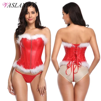 

VASLANDA Red Leather Zipper Christmas Corset Bustier Top Xmas Outfit Boned Overbust Gorset Mrs Santa Claus Costumes for Women