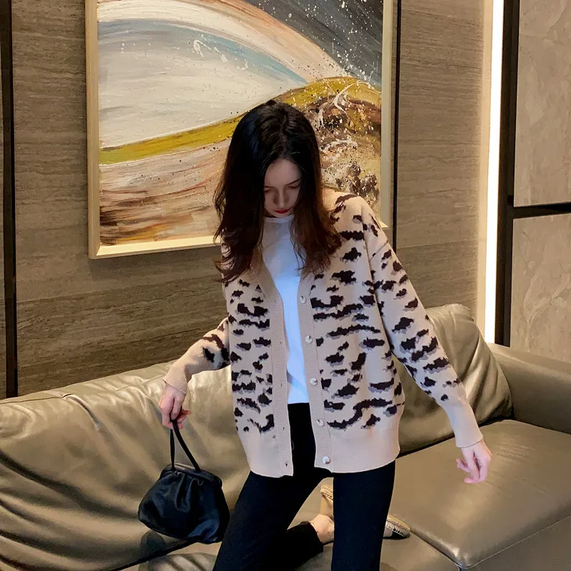 

Leopard Print Wool Knitted Cardigan Women's 2020 Autumn New Korean Style Outer Coat Loose Sweater Coat