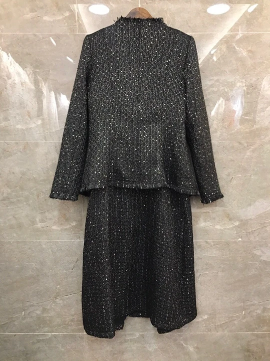 Top Quality Wool Suits Autumn Winter Dress Sets Women Sequined Wool Blend Jacket+Sleeveless Strap Dress Suit Set Female