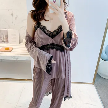 

2020 new pajamas, long-sleeved three-piece suit, hot style home service, female sense gold velvet saten pijama pajamas for women