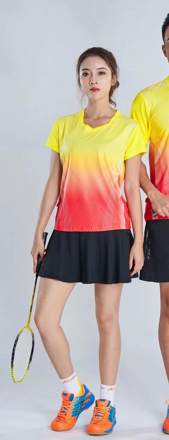 Contrast Badminton T-Shirt Sets Quick Dry Sweat Absorption Breathable Table Tennis Sports Suits For Men& Women L802SHC - Color: Women Yellow