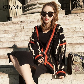 

Fashion Patchwork Black Cardigan KM100 Women V-neck Long Sleeve Knitted Sweater Tops Loose Tassel Ladies Cardigans