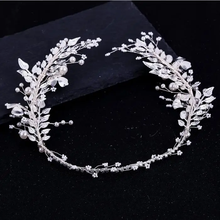 Women Girl Headpieces Shining White Leaves Crystal Simulated Pearls Headbands Bridal Bride Noiva Wedding Party Hair Jewelry