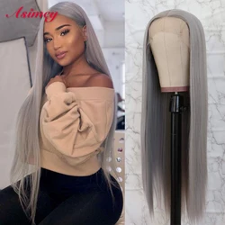 Asimey 13X4 Grey Ombre Colored Silver Human Hair Straight Wigs 32 Inch Transparent Lace Front Pre Plucked Virgin Remy For Women