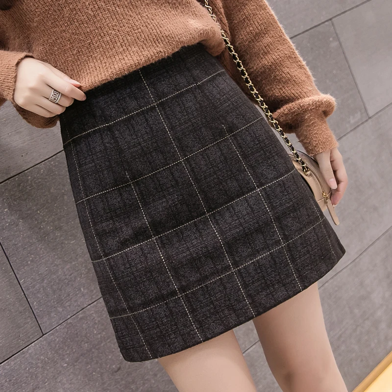 

2019 New Autumn Woolen Plaid Skirts Womens Korean Style High Waist A-line Mini Skirt Casual Winter Wool Jupe Femme