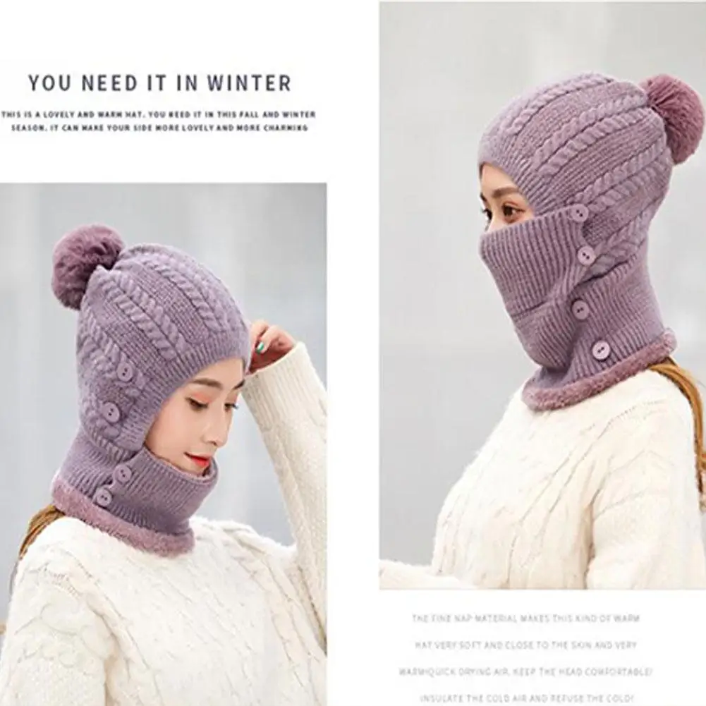 MISSKY Lady Warm One-piece Women Hat-Mask-Scarf Winter Thicken Knitting Wool Ball Riding Outdoor Beanies For Female