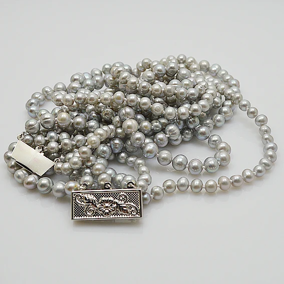 Серое ожерелье из пресноводного жемчуга с серебряной застежкой в виде цветка, 5 рядов, округлый настоящий жемчуг, ювелирное ожерелье ручной работы, перламутровый женский подарок