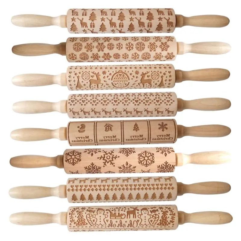 

G Christmas Wooden Carved Rolling Pin Cookie Noodle Stick For DIY Cookies Noodle Biscuit Cake Fondant Kitchen accessories