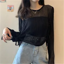  Thin Knitting O-neck Sexy Female Tops Long Sleeve 2021 Korean Blouse Women Solid 5-colors Loose Summer Sun-proof Shirring Lady 