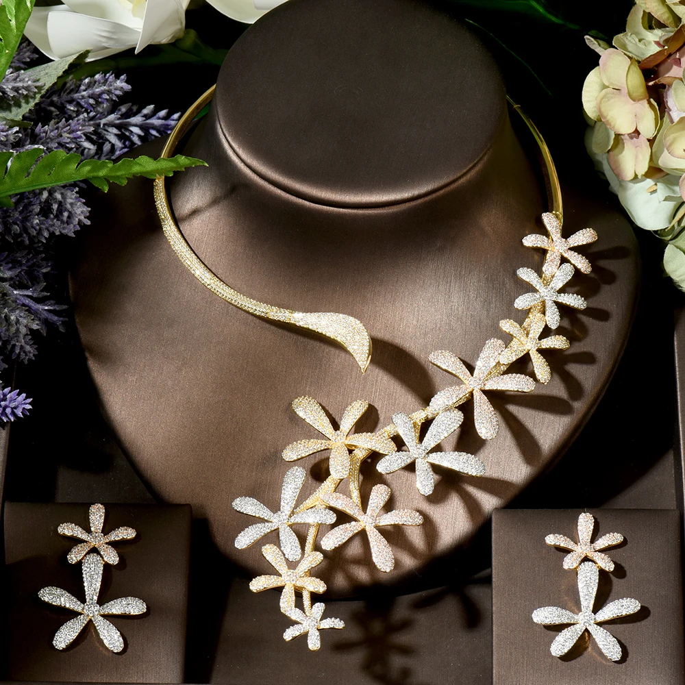 HIBRIDE 2PCS Big Flower Leaf Luxury Women Nigerian Wedding Naija Bride Cubic Zirconia Necklace Dubai Bridal Dress Jewelry N-1774 - Image 2