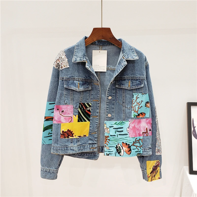 

Spring kurtka jeansowa damska Plus size Mermaid Print Patch Sequins splice Short denim jacket Female Streetwear washed jean coat
