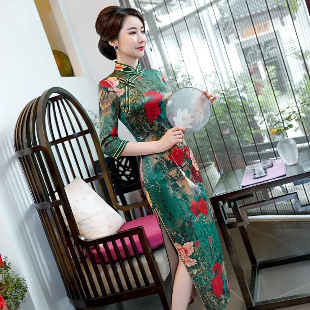 Большие размеры 3XL 4XL 5XL осень новое поступление Винтаж три четверти Cheongsam сексуальное женское Формальное длинное платье с цветочным принтом вискозное Qipao