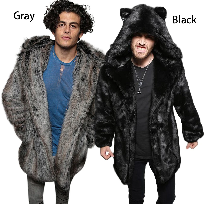 2021 Faux Fur Men Winter Coat with Ear Hooded Warm Long Sleeve Bear Plush Cardigan Thick Teddy Jacket Man Long Parka Man Tops mens leather motorcycle jackets