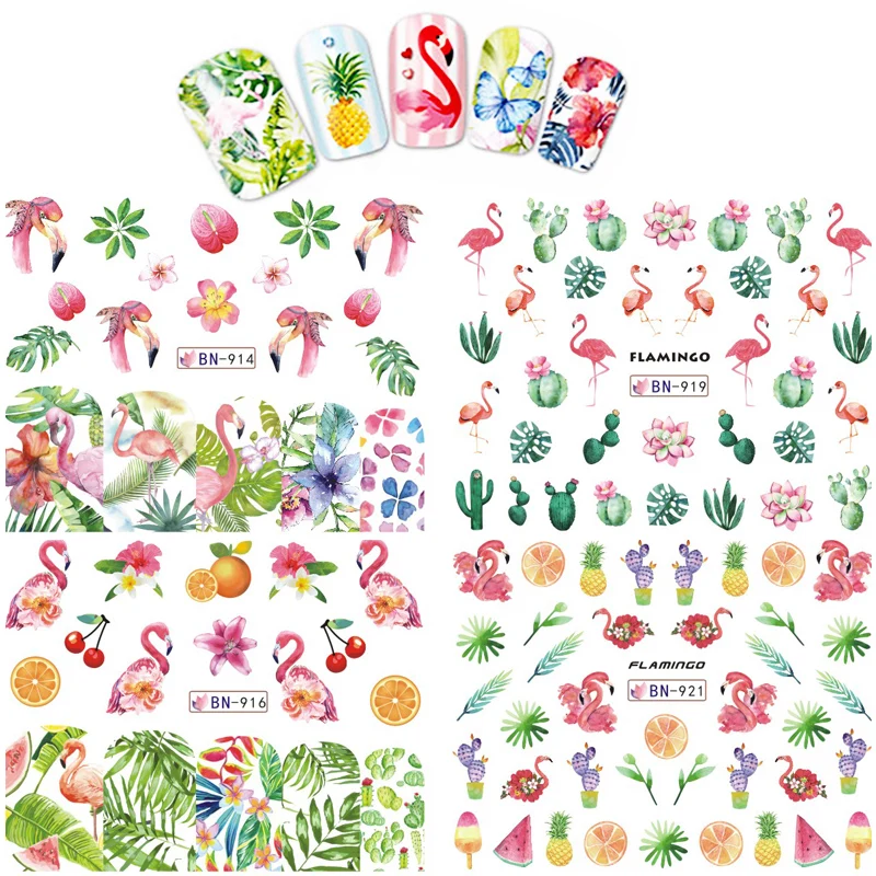 12 Designs Watermark Nail Art Decoration Water Decals Flower Flamingo Bird Rose Sticker Manicure Sliders Adhesive Tip BN913-924