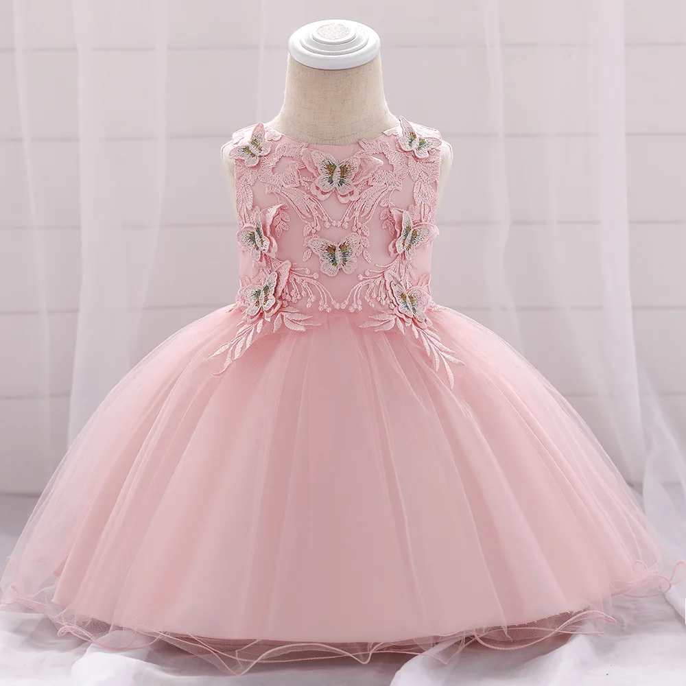 ; сетчатые платья для маленьких девочек с вышитыми бусинами и цветами; Вечерние Платья с цветочным рисунком; платье принцессы для крещения на день рождения; детское платье для девочек - Цвет: L1889XZ pink