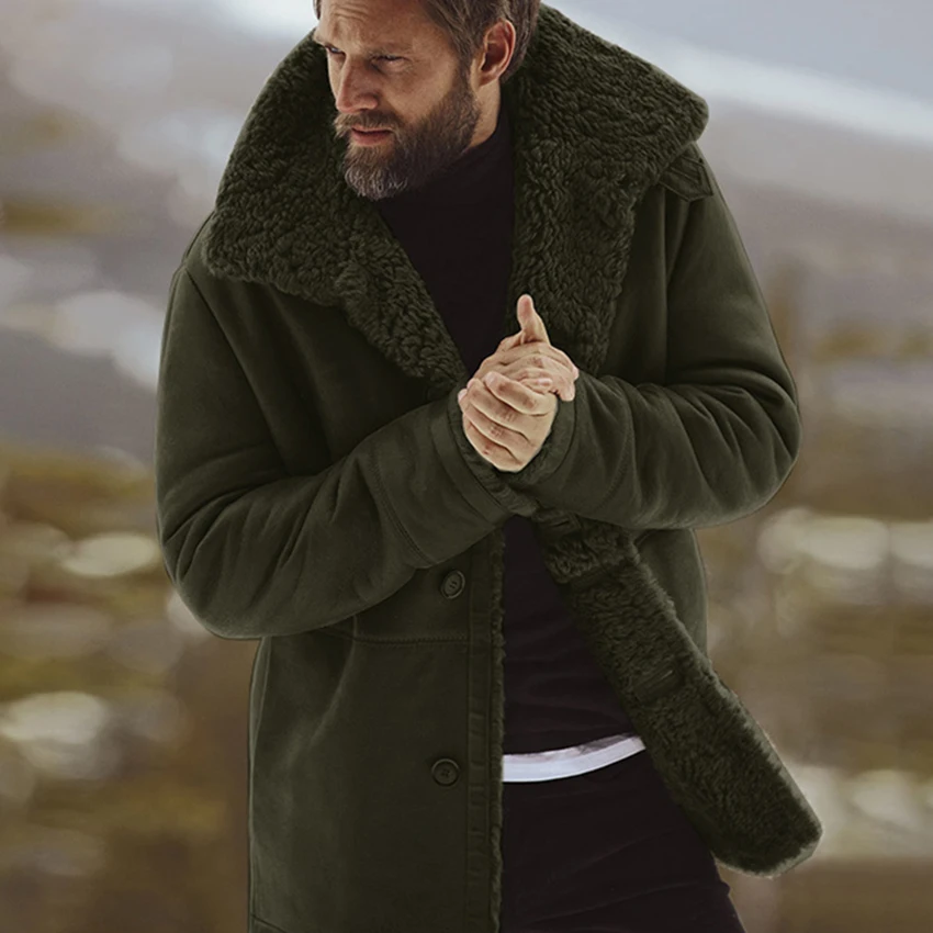 Мужское однотонное пальто Зимняя утепленная теплая куртка винтажное пальто Верхняя одежда ветрозащитная жилетка из флиса Мужские парки одежда - Цвет: army green